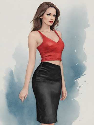 This image is a detailed drawing of a young woman, likely in her late teens or early 20s. She has long, dark brown hair that is parted slightly to the side and cascades down to her shoulders. Her complexion is fair, and she has a slender build. She is wearing a red tank top that reveals her shoulders and a bit of her upper arms, as well as a black leather skirt that falls just above her knees. Her nails are painted a dark color, and she has a noticeable amount of makeup on, including red lipstick and eye shadow. She is looking directly at the viewer with a neutral expression. The background of the drawing features a predominantly white color with a blue watercolor effect that is more pronounced towards the bottom, giving the impression of a watercolor splash. The overall style of the drawing is realistic, capturing fine details and textures.