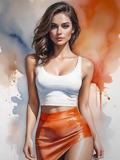 The image depicts a young woman with long, wavy brown hair that cascades over her shoulders. She is wearing a white tank top that accentuates her figure, paired with a short orange skirt that ends just above her knees. Her makeup is subtle, with a touch of pink on her lips. The woman's expression is neutral, and she gazes directly at the camera. The background is a blend of white and orange hues, creating a soft, dreamy atmosphere. The overall composition is simple yet striking, with the woman's figure being the central focus of the image.