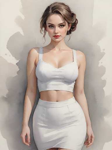 This image features a detailed painting of a young woman, likely in her early 20s, with a fair complexion. She has brown hair, styled in a bun with a few loose strands framing her face. Her striking blue eyes are accentuated by her red lipstick, and she has a slight, closed-mouth smile. She is dressed in a white tank top that reveals her midriff and a matching white skirt. The skirt has a noticeable slit on the left side, adding a touch of modernity to her outfit. The background of the painting is predominantly white with subtle gray accents, creating a clean and minimalist setting that highlights the subject. The woman's pose is confident, with her hands resting at her sides, and she gazes directly at the viewer, exuding a sense of self-assurance.