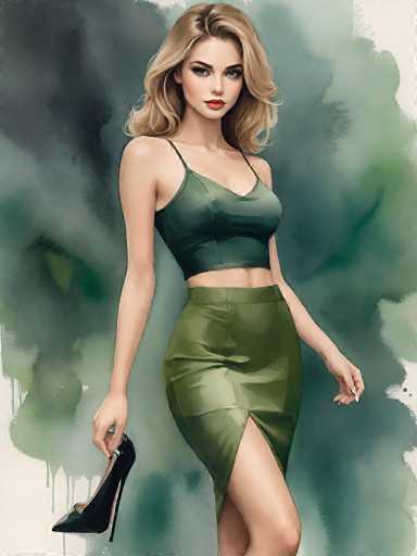 This image is a detailed painting of a young woman, likely in her early 20s, with a striking appearance. She has long, wavy blonde hair that cascades down to her shoulders. Her blue eyes are accentuated by dark, smoky eye makeup, and her lips are painted a vivid red. She is dressed in a green, leather-like ensemble that includes a halter top and a pencil skirt. The outfit is form-fitting, revealing her toned midriff. She is holding a black high-heeled shoe in her right hand, while her left hand is positioned near her waist. The background is a blend of dark green and black, with hints of white, creating a dramatic and somewhat abstract setting. The overall style of the painting is realistic yet with a touch of artistic flair, emphasizing the woman's beauty and the intensity of her gaze.