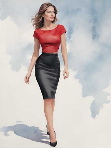 The image is a detailed painting of a woman with long, light brown hair that cascades down to her shoulders. She is depicted with a serious expression, looking off to the right. The woman is dressed in a red, short-sleeved, form-fitting top that reveals her shoulders and a bit of her midriff. Her outfit is completed with a black leather pencil skirt that falls just above her knees and black high heels. The background is a blend of light blue and white, resembling clouds, with a shadow cast behind her, adding depth to the scene. The overall composition is vertical, with the woman standing centrally, exuding a sense of elegance and poise.