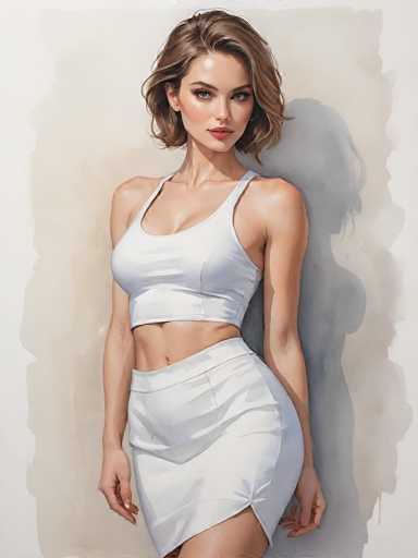 This image is a detailed painting of a woman, set against a white background. The woman has short, wavy brown hair that falls just below her chin. She is wearing a white tank top that reveals her toned midriff, and a white skirt that is cut off just above her knees. Her pose is confident, with her hands resting on her hips. She has striking blue eyes, and her lips are painted a vivid red. The painting captures her shadow on the wall behind her, adding depth to the composition. The artist has skillfully depicted the texture of her skin and the play of light on her form, creating a lifelike and captivating portrayal.