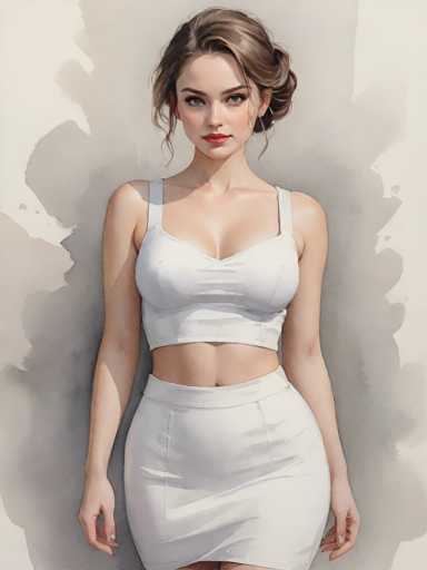 A woman is standing against a gray background with her hands on her hips and looking directly at the camera. She is wearing a white dress that contrasts with the gray backdrop.