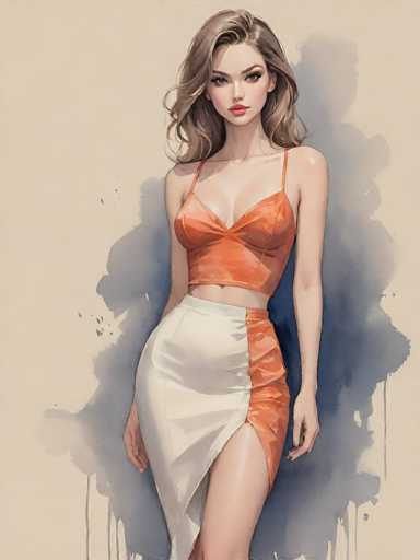 The image depicts a detailed drawing of a woman with a light complexion. She has long, wavy brown hair that cascades past her shoulders. Her striking blue eyes are accentuated by dark eyelashes and a touch of makeup. Her lips are painted a soft pink shade. She is dressed in a sleeveless top that features a low neckline, revealing her shoulders and part of her upper chest. The top is a vibrant orange color and has a cropped design that exposes her midriff. She pairs this top with a white skirt that has a high slit, revealing her leg. The skirt is adorned with an orange panel on the side, adding a dynamic touch to her outfit. The drawing captures her standing with one arm by her side, exuding a sense of poise and elegance.