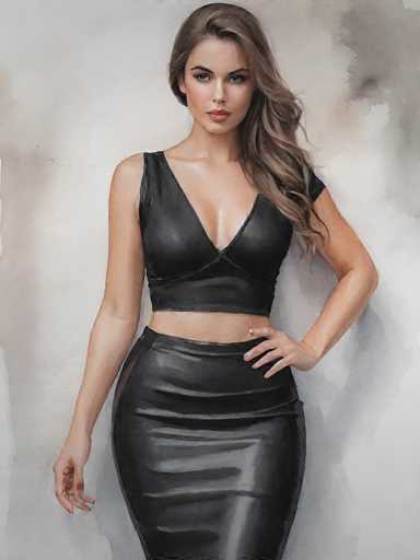 This image is a detailed painting of a woman, set against a predominantly white background. The background features subtle gray and brown hues, adding depth and texture to the scene. The woman is depicted with a fair complexion, and her long, wavy brown hair cascades over her right shoulder, partially covering her left arm. Her hair is parted in the middle, framing her face elegantly.

Her facial features are striking, with dark brown eyes and a full, pink lips. She has a slight, confident smile that exudes self-assurance. Her right arm hangs naturally by her side, while her left arm is bent at the elbow, with her hand resting on her hip. Her left hand is positioned with the thumb on top, and the other fingers curled underneath.

She is dressed in a black leather outfit that accentuates her figure. The ensemble includes a sleeveless top that reveals her midriff, paired with a matching leather skirt. The skirt is designed with horizontal lines that add structure and visual interest. The overall effect is one of sleek, modern elegance.