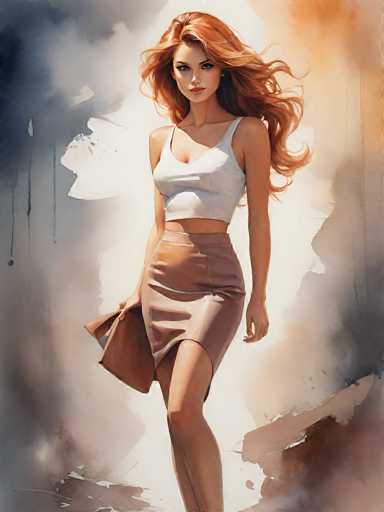 The image depicts a detailed painting of a young woman with long, wavy red hair that flows down to her waist. She is dressed in a white tank top that reveals her midriff and a light brown leather skirt that falls just above her knees. The woman is holding a brown leather purse in her right hand, which is positioned in front of her. She has a serious expression on her face, with her head slightly tilted to the left. The background is a blend of various colors, including shades of gray, white, brown, and hints of orange, creating a dynamic and somewhat abstract setting. The overall composition suggests a modern, artistic style, with the woman as the central focus against a vibrant, textured backdrop.