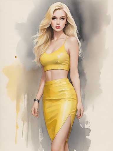 The image features a detailed, computer-generated drawing of a young woman, likely in her early 20s, with long, wavy blonde hair cascading past her shoulders. She has a fair complexion, blue eyes, and is wearing red lipstick. Her attire consists of a yellow, shiny plastic tube top that reveals her midriff and a matching yellow skirt with a high slit on the left side, exposing her leg. On her left wrist, she wears a black bracelet. The background is a blend of gray and white with subtle yellow accents, creating a soft, watercolor-like effect. The woman stands with her body facing forward, while her head is turned to the left, giving a slight side profile. The overall composition is vertical, with the woman's figure centered in the frame.
