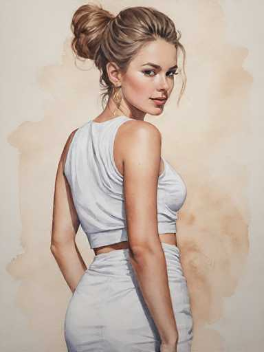 This detailed watercolor painting depicts a young woman, likely in her early 20s, with a fair complexion and dirty blonde hair styled in a bun. She is dressed in a white crop top that reveals her midriff and matching white pants, showcasing her curvy figure. The woman is positioned with her back to the viewer, but she has turned her head over her right shoulder, gazing directly at the observer with a serious expression. Her makeup is subtle, featuring light pink lipstick and a touch of blush on her cheeks. She accessorizes with a gold necklace and dangling gold earrings. The background is a blend of light beige and brown hues, with a watercolor effect that adds depth and texture to the overall composition.