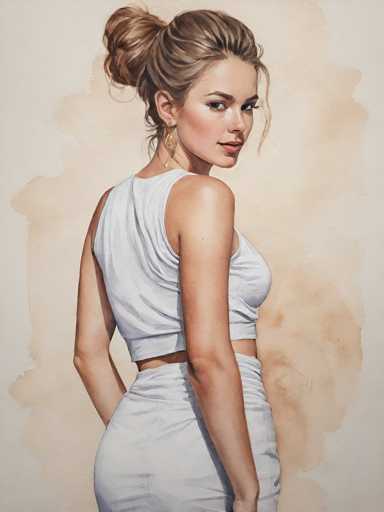 The image depicts a woman with blonde hair wearing a white top and skirt. She is standing against a beige background that has splotches of brown and yellow paint on it. The painting style is realistic, capturing the details of the woman's attire and her surroundings.