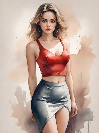 A woman is standing against a beige background with her hair styled in loose waves and wearing a red tank top and gray skirt.