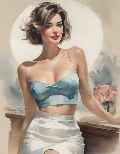 This detailed painting portrays a woman with short, wavy brown hair, styled to just above her shoulders. She has a fair complexion, accentuated by red lipstick and a touch of blush on her cheeks. Her head is slightly tilted to the right, and she gazes directly at the viewer with a composed expression. She is dressed in a light blue, strappy top that reveals her midriff and a white skirt that falls just above her knees. The woman is seated at a wooden table, with her left arm resting on the table and her right arm hanging by her side. Behind her, a large white circle, possibly representing the moon, dominates the background. To her right, a vase filled with pink flowers adds a splash of color to the scene. The painting's background features a blend of gray and white hues, creating a serene and somewhat abstract atmosphere.