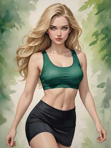 This image features a detailed, computer-generated illustration of a young woman, likely in her late teens or early twenties. She has long, wavy blonde hair that cascades down to her waist, with a few strands tucked behind her left ear. Her striking blue eyes are accentuated by black eyeliner, and her lips are painted a soft pink. She has a fair complexion with a slight tan.

The woman is dressed in a green sports bra that reveals her toned midriff, and she pairs this with very short black shorts. Her arms are positioned at her sides, with her hands slightly clenched, showcasing her long fingernails. The background is a blend of white and green hues, with green leaves visible in the upper corners, adding a natural element to the composition. The overall style of the image is reminiscent of a realistic painting, capturing the essence of a fit and athletic young woman.