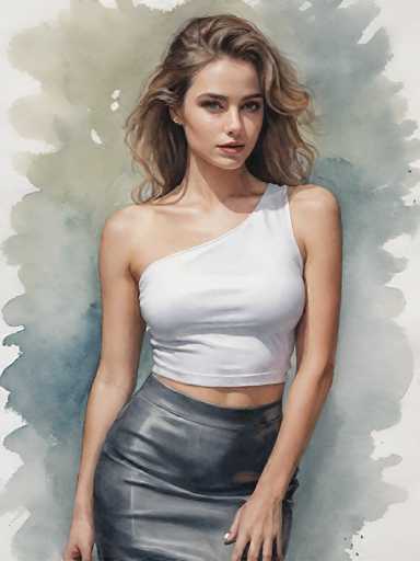 This image is a detailed painting of a young woman, likely in her early 20s, with a fair complexion. She has striking blue eyes and long, wavy brown hair that cascades past her shoulders. Her expression is neutral, with her lips slightly parted, giving her a serene yet captivating look. She is dressed in a white, sleeveless crop top that reveals her shoulders and upper arms, as well as her midriff. Her outfit is completed with a black leather skirt that has a high slit, showcasing her right leg. The woman's right hand is positioned near her right thigh, while her left hand rests on her left thigh. She is standing against a background that features a blend of gray, blue, and white hues, with the white areas resembling clouds. The overall composition of the painting is square, with the woman's head centered at the top and her body occupying the lower portion of the frame.