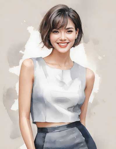 A woman with short brown hair is standing against a light beige background and wearing a gray tank top and black skirt.