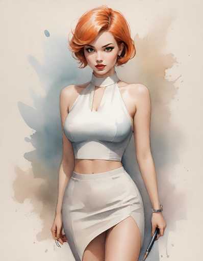The image depicts a highly detailed, computer-generated or hand-drawn illustration of a young woman with striking features. She has vibrant red hair styled in a short, wavy bob that frames her face and extends just below her ears. Her complexion is fair, and she has dark eyes accentuated by thick eyeliner and mascara. Her lips are painted a bold red, adding to her captivating appearance.

She is dressed in a white, sleeveless top that reveals her midriff, paired with a matching white skirt that features a high slit on the left side, showcasing her leg. The skirt has a unique design element, resembling a belt that wraps around her waist. Her arms are bare, and on her left wrist, she wears a silver bracelet. In her left hand, she holds a black object that appears to be a pencil or a stick.

The background of the image is a blend of light brown and gray hues, with splashes of blue and gray paint adding depth and texture. The overall composition is vertical, emphasizing the woman's figure and the artistic, almost surreal quality of the illustration.