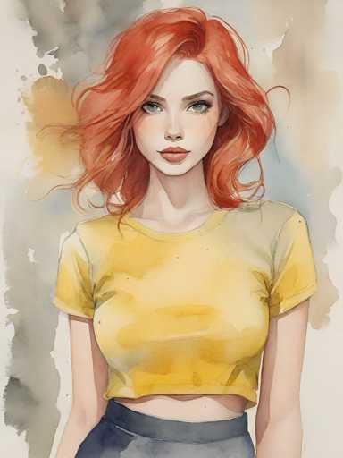 A woman with red hair is standing against a gray background and wearing a yellow shirt and blue skirt.