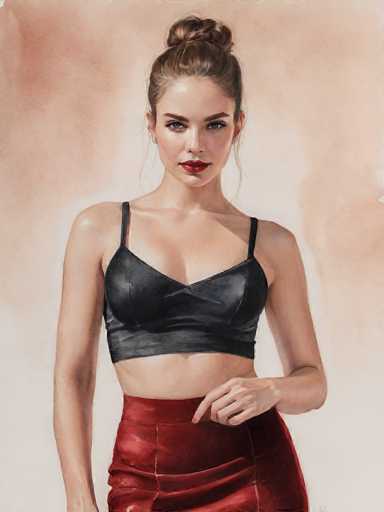 This image is a detailed painting of a woman, depicted from the waist up. She has fair skin and her hair is styled in a bun, with a few loose strands framing her face. Her eyes are a striking blue, and she wears red lipstick. She is dressed in a black leather halter top that reveals her midriff, and she pairs this with a red leather skirt. Her pose is confident, with one hand resting on her hip and the other pointing towards her waist. The background is a soft, pale pink, which complements the subject's attire and adds to the overall warmth of the painting.