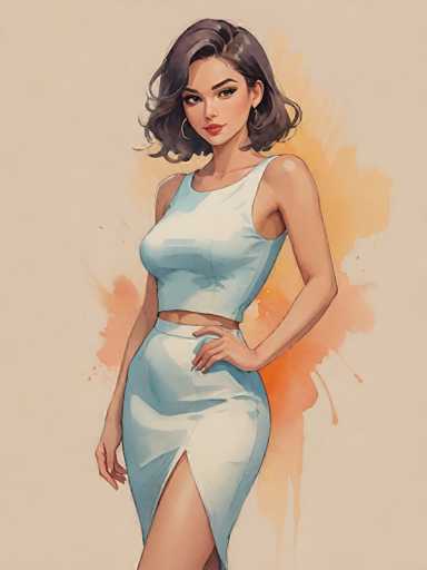 This image features a detailed, computer-generated drawing of a young woman, likely in her late teens or early twenties. She has shoulder-length, wavy brown hair and is adorned with large hoop earrings. Her complexion is light, and she wears a subtle touch of makeup, including lipstick and eye shadow. She is dressed in a white, sleeveless crop top that reveals her midriff and a matching white mini skirt with a high slit on the left side, exposing her leg. The background is a light beige color, with splashes of orange and peach hues behind her, adding a dynamic and artistic touch to the overall composition.