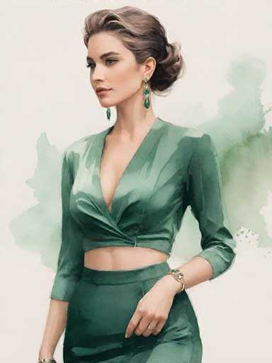 This image is a detailed painting of a woman, set against a light gray background. The woman is depicted with a fair complexion and dark brown hair, styled in a bun. Her hair is adorned with a pair of green earrings, which feature a teardrop design. She has dark brown eyes and is gazing slightly to the left. Her lips are painted a light pink, and her expression is serene.

The woman is dressed in a green outfit that includes a cropped top with long sleeves, revealing her midriff. The top is buttoned up to her chest, and the sleeves are slightly rolled up. She is wearing a matching green skirt that complements the top. On her left wrist, she is wearing a silver watch, and on her ring finger, she has a silver ring. Her right wrist also sports a silver bracelet.

The background of the painting is predominantly light gray, with subtle green watercolor accents that add depth and texture to the scene. The overall composition is elegant and detailed, capturing the essence of the woman in a refined and artistic manner.