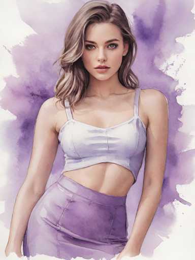 The image depicts a woman wearing a white tank top and purple skirt standing against a purple background with watercolor splatters. The woman is positioned centrally in the frame, facing towards the right side of the image.