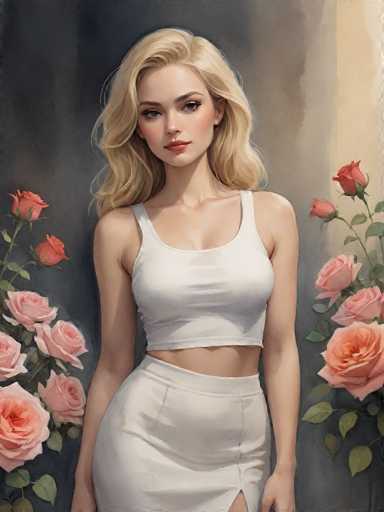 This image is a detailed, realistic painting of a young woman with long blonde hair, styled with a side part and cascading over her shoulders. She has striking blue eyes, pink lips, and a fair complexion. The woman is dressed in a white sports bra and a white skirt that reveals her midriff, accentuating her curvy figure. She stands with her arms at her sides, looking directly at the viewer. The background features a gradient of gray, transitioning to a lighter tan color on the right side. Flanking her on both sides are clusters of pink roses with green leaves, adding a touch of natural beauty to the composition. The overall style of the painting is highly realistic, capturing fine details and textures.