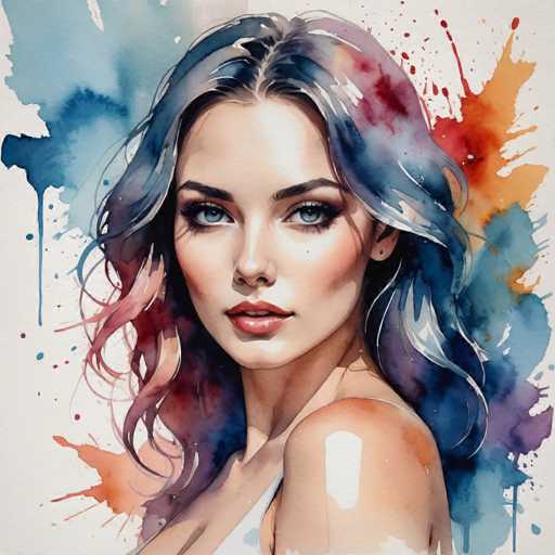 This image is a detailed painting of a young woman, likely in her early 20s, with a striking and captivating appearance. She has long, wavy hair that cascades past her shoulders, featuring a blend of colors including blue, red, pink, and purple. Her hair is parted in the middle, with a slight wave on the right side. She has expressive blue eyes, dark eyebrows, and full lips adorned with red lipstick. Her face is framed by a delicate, heart-shaped face, and she has a small beauty mark on her left cheek. She is wearing a white tank top, and her bare shoulders are visible. The background is a vibrant mix of paint splashes in various colors, including blue, red, orange, purple, and pink, set against a white backdrop. The overall composition is square, with the woman's head positioned at the top and her body extending down to the bottom of the image. The painting style is rich and detailed, with a focus on the woman's face and hair, creating a vivid and dynamic portrait.