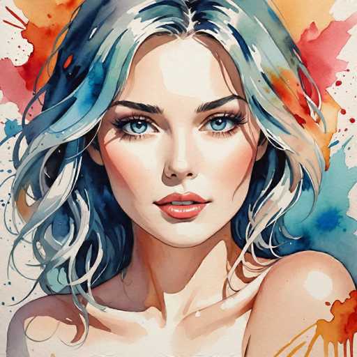This image is a detailed watercolor painting of a young woman, likely in her early 20s, with a striking and vibrant appearance. She has wavy, multi-colored hair that blends shades of blue, gray, white, and hints of orange, with some strands appearing almost silver. Her hair is parted in the middle, framing her face and cascading down to her shoulders. She has large, expressive blue eyes with long eyelashes, and her eyebrows are dark and well-defined. Her lips are painted a vivid red, and her skin is a light tan with a slight pinkish hue, suggesting a subtle blush. The woman is looking directly at the viewer, her head slightly tilted to the right, giving her a contemplative expression. The background is a dynamic mix of splashes and splotches of various colors, including reds, oranges, blues, and whites, creating a lively and artistic backdrop. The overall composition is square, with the woman's head centered and her shoulders visible, though her body is cut off below the chest. The painting captures a sense of depth and texture, with the woman's hair appearing to flow in the wind, adding to the dynamic and vibrant feel of the artwork.