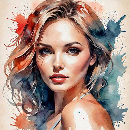 The image depicts a woman with blonde hair and blue eyes wearing a blue dress against an abstract background of red and blue splatters.