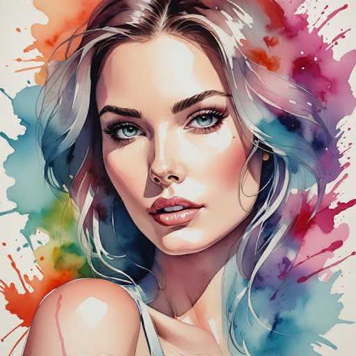 This image is a detailed, computer-generated illustration of a young woman, likely in her early 20s, with a striking and captivating appearance. She has long, wavy hair that blends shades of gray, blue, and purple, with hints of red and pink. Her hair is parted in the middle, framing her face and cascading over her shoulders. She has light skin, accentuated by her full, pink lips and long, dark eyebrows. Her eyes are a mesmerizing blue, with a slight green tint, and she gazes directly at the viewer, her head slightly tilted to the left. She is wearing a light blue tank top, and her bare shoulders are visible. The background is a vibrant, abstract mix of paint splashes in various colors, including blue, red, orange, green, yellow, and purple, creating a dynamic and colorful backdrop that contrasts beautifully with her serene expression. The overall effect is a striking and artistic portrayal of a woman with an ethereal quality.