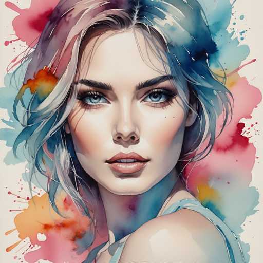 The image depicts a woman with blue eyes and blonde hair wearing a white top against a background of watercolor splatters in various shades of pink, orange, and purple. The artist's signature is visible at the bottom right corner.