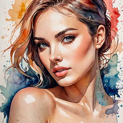 This image is a detailed painting of a young woman, likely in her early 20s, with fair skin and striking blue eyes. She has long, wavy hair that is a blend of brown, blonde, and reddish hues, cascading down to her shoulders. Her hair is parted on the side, with some strands tucked behind her ear. The woman is depicted from the chest up, with her head slightly tilted to the left, gazing directly at the viewer. She has a neutral expression, with her lips slightly parted, revealing her top teeth. Her eyebrows are dark, and she has a subtle blush on her cheeks.

The background of the painting is predominantly white, adorned with splashes of various colors, including blue, green, red, and orange. These splashes create a dynamic and vibrant contrast against the white backdrop, adding depth and energy to the composition. The woman's attire is not visible in the painting, as it cuts off just below her chest, leaving her upper body bare. The overall style of the painting is realistic, capturing fine details of her facial features and hair texture.