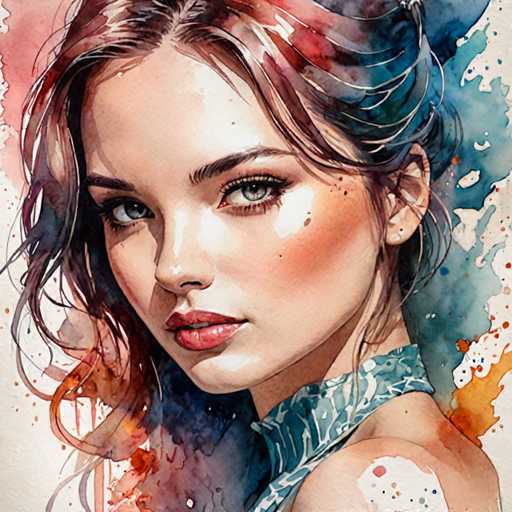 This image is a detailed watercolor painting of a young woman, likely in her late teens or early twenties. She has striking blue eyes and long, wavy brown hair that cascades down to her shoulders, with some strands flowing over her face. Her complexion is fair, and she wears a touch of red lipstick. The woman is dressed in a blue top with a high collar that extends up to her neck, and her bare shoulders are visible. The background is a vibrant mix of colors, including shades of blue, red, orange, and white, creating a dynamic and artistic setting that complements the subject. The painting captures her in a three-quarter view, with her head turned slightly over her right shoulder, giving a sense of depth and engagement.