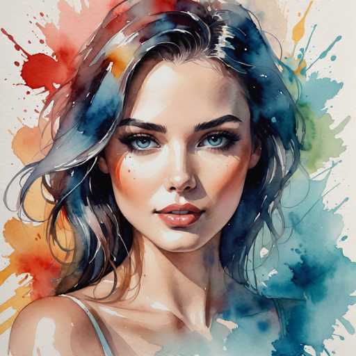 This image is a detailed watercolor painting of a young woman, likely in her late teens or early twenties. She has striking blue eyes and long, wavy hair that cascades down to her shoulders, with a mix of black, blue, and brown hues. Her hair is parted on the side, and she has a slight smile, revealing her top teeth. She is wearing a thin spaghetti strap top, and the painting captures her from the shoulders up. The background is a vibrant blend of colors, including splashes of red, orange, yellow, green, blue, and white, creating a dynamic and colorful backdrop that contrasts with her pale skin. The overall effect is a vivid and expressive portrait that highlights the woman's features and the lively, abstract background.
