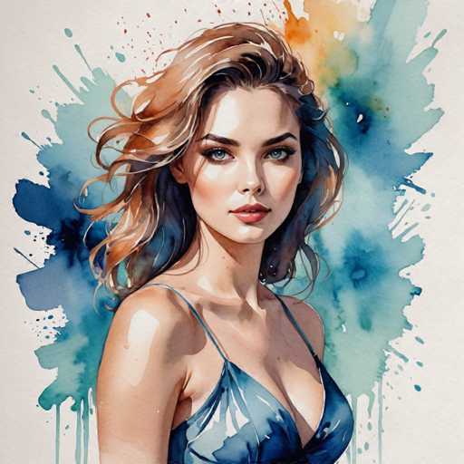 This image is a detailed watercolor painting of a young woman, likely in her early 20s, with fair skin and striking blue eyes. She has long, wavy hair that is a blend of light brown and blonde, cascading down to her shoulders. Her makeup is meticulously applied, featuring red lipstick, brown eyebrows, and eye shadow that accentuates her eyes. She is dressed in a blue, strappy dress that reveals a hint of cleavage, and her bare shoulders add to the elegance of her appearance. The woman is posed with her body facing to the right, but her head is turned towards the viewer, creating a captivating and engaging expression. The background is a soft, off-white color, adorned with splashes of various shades of blue, green, and orange, which add depth and vibrancy to the overall composition.