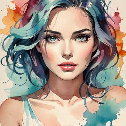 This image is a detailed, square-shaped painting of a young woman, approximately 18 years old, with a fair complexion. The painting captures her from the top of her head down to her chest, where she is wearing a white tank top. The woman has striking blue eyes, accentuated by long eyelashes and dark eyebrows. Her lips are a soft pink, slightly parted to reveal her top teeth. She has a small nose and a slight smile. Her hair is a vibrant mix of colors, including shades of blue, purple, and pink, with some brown roots. The hair is styled in a somewhat wavy manner, with some strands falling over her face and others tucked behind her ears. The background of the painting is predominantly white, with splashes of blue, orange, and pink paint, particularly noticeable in the corners and around her hair. The overall style of the painting is realistic, with a focus on capturing the intricate details of the woman's features and her colorful hair.