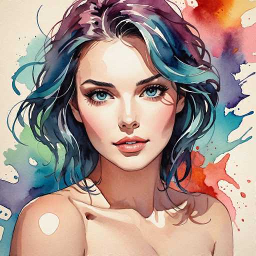 This image is a detailed painting of a young woman, likely in her early 20s. The artwork is square-shaped, with the height and width being equal. The background is predominantly white, providing a clean canvas for the subject. The woman is depicted from the top of her head down to just below her chest, with her arms cut off at the elbows. She is portrayed as a white woman with a fair complexion.

Her most striking feature is her hair, which is a blend of blue and purple hues. The hair is styled in a somewhat wavy manner, with the ends curling slightly. It frames her face and falls just below her chin. The hair is particularly vibrant, with shades of blue and purple more prominent on the sides.

The woman's face is characterized by her large, expressive blue eyes, which are framed by long eyelashes. Her eyebrows are dark, and her lips are a soft pink color, slightly parted to reveal her top teeth. Her nose is small and delicate, adding to her overall gentle expression.

Her shoulders are bare, and the painting captures the texture of her skin, with a notable white spot on her right shoulder. The overall composition is centered, with the woman's face as the focal point, creating a striking and memorable portrait.