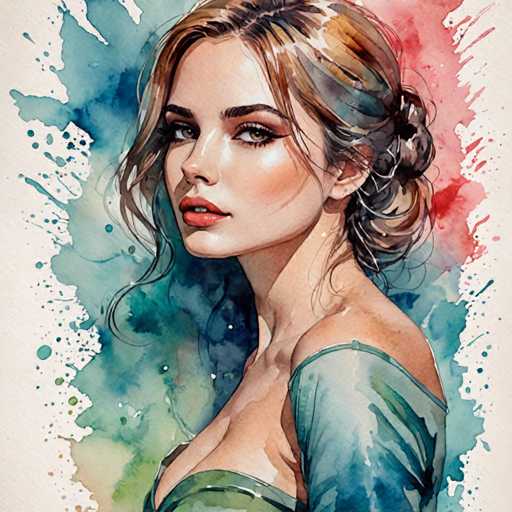 This image is a detailed painting of a young woman, likely in her late teens or early 20s. She has a fair complexion and is depicted with her head turned slightly to the left, gazing directly at the viewer. Her long, wavy brown hair is styled in a loose bun at the back of her neck, with some strands cascading over her face. She has expressive brown eyes accentuated by long eyelashes and dark eyebrows. Her lips are painted a vibrant red, slightly parted to reveal her top teeth. 

She is wearing a green dress that features a low neckline and a single sleeve, with the other sleeve cut off at the shoulder. The dress is adorned with blue and green watercolor-like splotches, adding a dynamic and artistic touch to the garment. The background of the painting is a blend of white and blue hues, with splashes of red and green, creating a harmonious and visually engaging backdrop. The overall style of the painting is highly detailed and realistic, capturing the essence and beauty of the subject with a lifelike quality.