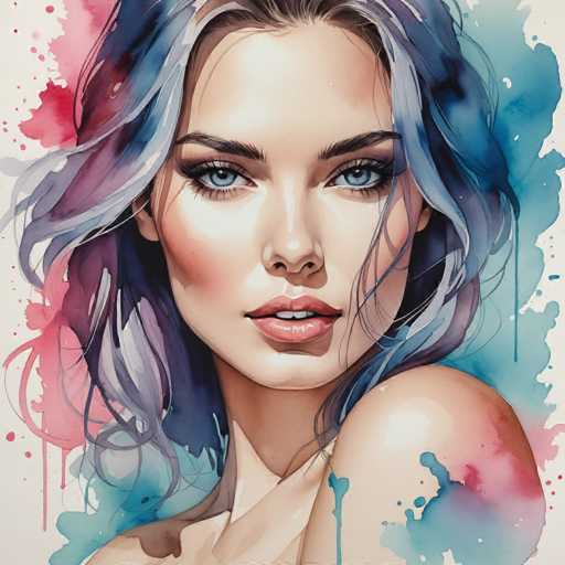 This image is a detailed painting of a woman with a captivating and enigmatic expression. She has striking blue eyes and long, flowing hair that blends shades of blue, purple, and gray, with hints of brown. Her hair appears to be blowing gently in the wind, adding a sense of movement to the piece. The woman's face is framed by her dark eyebrows and long eyelashes, and she has a full, slightly parted mouth that reveals her top two teeth. Her skin is a light tan, and she has a subtle blush on her cheeks, adding a touch of warmth to her complexion. She is wearing a low-cut top, with her left shoulder bare, and the fabric of her garment drapes elegantly over her right shoulder. The background is a soft, off-white color, and the edges of the painting are adorned with splashes of blue and pink paint, giving it a dynamic and artistic finish. The overall composition is square, with the woman's face centrally positioned, drawing the viewer's gaze directly into her eyes.