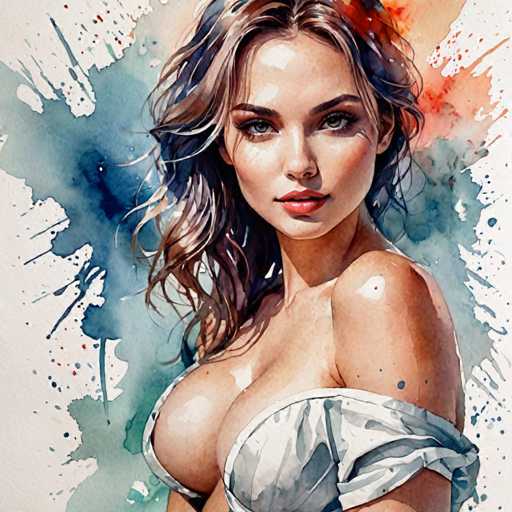 This image is a detailed watercolor painting of a young woman, likely in her early 20s, with long, wavy brown hair that cascades past her shoulders. She has striking blue eyes, accentuated by thick black eyebrows and long eyelashes. Her lips are painted a vivid red, and she has a fair complexion with a slight tan. She is wearing a white top that is off her shoulder, revealing her left shoulder and part of her chest. The background is a blend of blue, green, and white hues, with splashes of color that add depth and texture to the scene. The woman is looking directly at the viewer, her head slightly tilted to the left, giving the painting a sense of engagement. The overall composition is square, with the woman's figure centrally positioned, making her the focal point of the artwork.