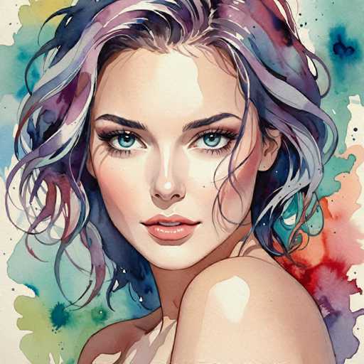 This image is a detailed watercolor painting of a young woman, likely in her early 20s, with a striking and vibrant appearance. She has wavy, multi-colored hair that blends shades of purple, blue, pink, and red, with some strands appearing almost white. Her hair is shoulder-length, and she has thick, dark eyebrows that frame her large, expressive blue eyes. Her lips are painted a soft pink, and she has a slight smile that reveals her white teeth. The woman is depicted from the shoulders up, with her left shoulder slightly turned towards the viewer, giving a sense of depth and dimension. The background is a dynamic mix of watercolor splashes in various hues, including blue, green, yellow, red, and purple, creating a lively and colorful backdrop that contrasts beautifully with her fair skin and dark hair. The overall effect is a captivating and artistic portrayal of a young woman with an ethereal and dreamy quality.