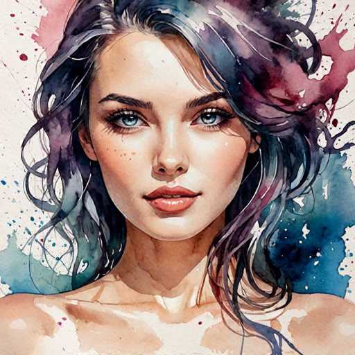This image is a detailed painting of a young woman, likely in her late teens or early twenties. The artwork is square-shaped, with the woman's head occupying the central portion of the canvas. She has a fair complexion, adorned with freckles on her cheeks, and her striking blue eyes are framed by long eyelashes. Her lips are a soft pink, slightly parted to reveal her top teeth. She has a small, button-like nose and a slight smile that adds to her youthful appearance. 

Her dark brown hair is styled in a wavy, somewhat messy fashion, with strands falling over her shoulders. The painting captures the intricate details of her hair, with splashes of vibrant colors such as blue, red, and green, adding a dynamic and playful element to the piece. Her hair appears to be wet, as suggested by the splashes of water around her shoulders and neck, creating a sense of movement and fluidity.

The background is predominantly white, with splashes of blue and red, further enhancing the overall composition. The woman's shoulders are visible, with her collarbone and neck clearly defined, adding to the realism of the painting. The artist has skillfully blended the various elements to create a captivating and lifelike representation of the young woman.
