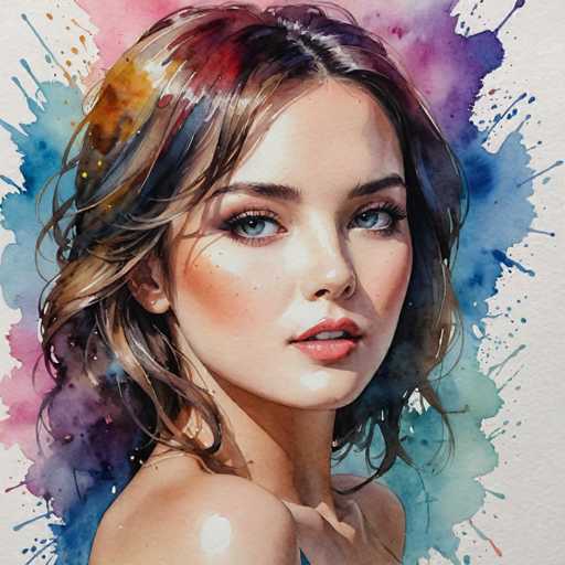 This image is a detailed painting of a young woman, likely in her early 20s, with a striking and captivating appearance. She has shoulder-length, wavy brown hair that features subtle highlights of red, yellow, and blue, adding depth and dimension. Her complexion is fair, and she has a light dusting of freckles across her cheeks, which are accentuated by a touch of blush. Her eyes are a mesmerizing blue, framed by long eyelashes and dark eyebrows. She has full lips painted with a glossy pink lipstick, and her mouth is slightly open, revealing her top teeth. The woman is gazing directly at the viewer, creating a sense of connection. She is wearing a blue top, though only the shoulder is visible in the painting. The background is a vibrant mix of splashes and splotches of blue, purple, pink, and white, which adds a dynamic and artistic flair to the overall composition.