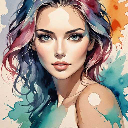 This image features a detailed painting of a young woman, likely in her late teens or early twenties. She has striking blue eyes and long, wavy hair that cascades down to her shoulders. The hair is a blend of colors, including shades of blue, red, and purple, with some white highlights. Her eyebrows are dark, and she has a full, slightly parted lips that are a light pink color. She is wearing a white top, though it is partially obscured by her hair and the painting's focus on her face and upper body. The background is a light beige color, adorned with splashes of blue, red, and orange paint, adding a dynamic and vibrant feel to the overall composition. The woman is looking directly at the viewer, creating a sense of connection and engagement.