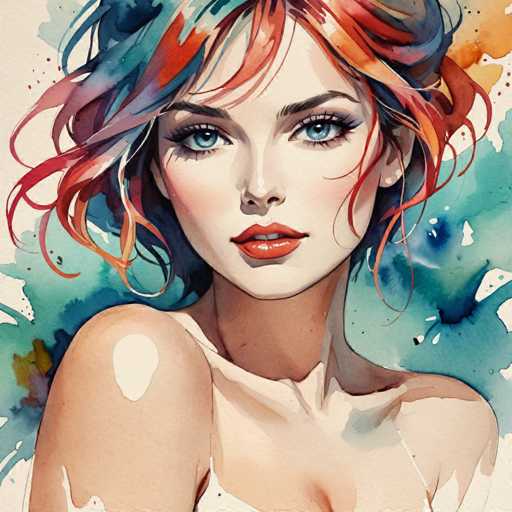 This image is a detailed watercolor painting of a woman with a striking appearance. She has short, wavy hair that is a vibrant mix of red, orange, blue, and purple, with some strands appearing almost rainbow-like. Her skin is a light tan, and she has a fair complexion. Her eyes are a captivating blue, framed by long eyelashes and dark eyebrows. She has full, red lips and a slight smile that reveals her top two teeth. The woman is wearing a white top, though only the upper part of her body is visible, and her left shoulder is exposed. The background is a blend of blue and green hues, with splashes of color that add to the dynamic feel of the painting. The overall composition is square, with the woman's head positioned at the top and her body extending downwards. The painting captures a sense of depth and texture, with the woman's face being the focal point amidst the colorful, abstract background.