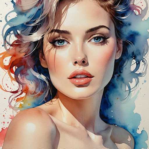 This image is a detailed painting of a young woman, likely in her early 20s, with a fair complexion. She has striking blue eyes and dark, almost black eyebrows. Her lips are a soft pink, slightly parted to reveal her top teeth, giving her a serene expression. Her face is adorned with a light dusting of blush on her cheeks, adding a touch of warmth to her complexion. 

The woman's hair is a vibrant mix of colors, including shades of blue, red, orange, and white, with some gray streaks. It is styled in a wavy, somewhat curly fashion that frames her face, with some strands falling over her shoulders. 

She is depicted from the shoulders up, with her bare shoulders visible, and her neck is elegantly shaped. The background is a blend of white and blue hues, with splashes of paint that mirror the colors in her hair, creating a harmonious and dynamic setting. The overall effect is a striking and captivating portrayal of a woman with an air of natural beauty and quiet grace.