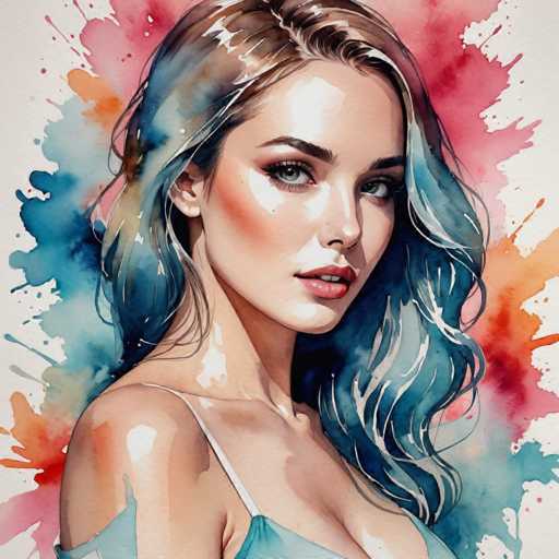 This image is a detailed painting of a young woman, likely in her early 20s, with a striking and vibrant appearance. She has long, wavy hair that transitions from brown at the roots to a mix of blue and white tips, with some strands appearing almost silver. Her hair is parted slightly to the right, framing her face and cascading over her shoulders. She has light skin, accentuated by a touch of blush on her cheeks and pink lipstick on her lips. Her eyes are a captivating blue, and she has thick, dark eyebrows that add to her expressive look. She is wearing a light blue dress with thin straps, and the painting captures her from the chest up, showing her bare shoulders. The background is a dynamic mix of splashes and splotches of various colors, including red, orange, blue, and white, creating a lively and artistic backdrop that contrasts beautifully with her serene expression.