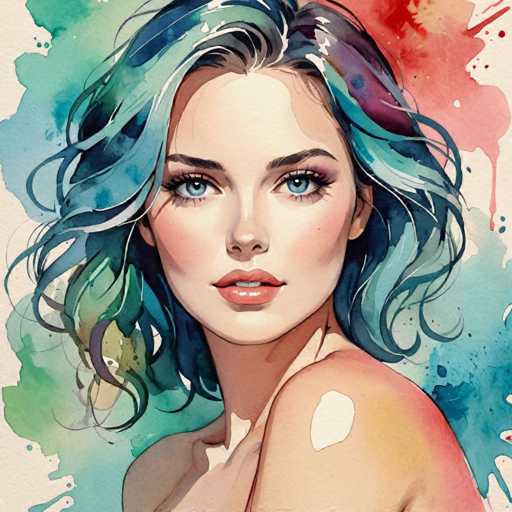 This image is a detailed watercolor painting of a young woman, likely in her late teens or early twenties. She has striking blue eyes and long, wavy hair that is a blend of blue, green, and purple hues. Her hair is styled with a side part, cascading over her right shoulder. The woman is depicted with a serious expression, her lips slightly parted to reveal her top teeth. She is wearing a light pink lipstick and blush on her cheeks, adding a softness to her otherwise stern demeanor. Her right shoulder is bare, and there is a white spot on her left shoulder, possibly a reflection of light. The background is a harmonious mix of blue, green, and pink watercolor splotches, creating a dynamic and vibrant setting that complements the subject. The overall composition is square, with the woman's face centered and her body angled slightly to the left, giving the painting a sense of depth and movement.