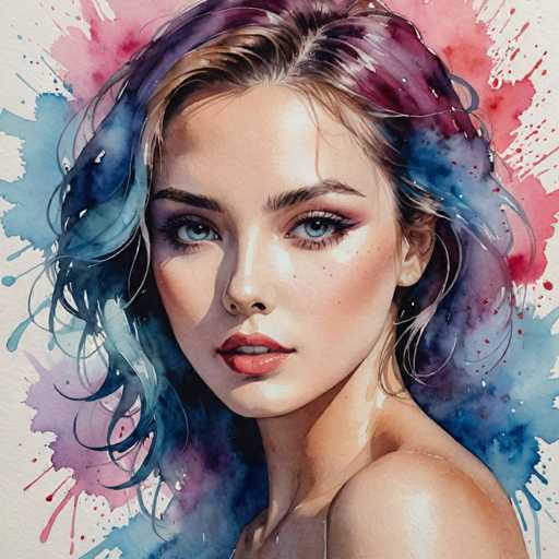 The image depicts a woman with long brown hair and blue eyes looking directly at the camera. The background is a vibrant mix of red, pink, and purple splatters, creating an abstract backdrop that contrasts with the woman's figure. The painting style is realistic, capturing the subject's features in great detail.