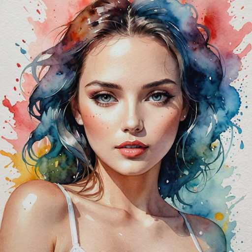 This image is a detailed painting of a young woman, likely in her late teens or early 20s. The artwork is square in shape, measuring approximately six inches by six inches. The subject is a Caucasian woman with a fair complexion, adorned with subtle makeup. Her striking features include large, light blue eyes, accentuated by black eyelashes and a touch of black eyeshadow. Her lips are painted a soft pink, revealing a hint of her top teeth.

Her hair is a mix of brown and black, styled in a wavy, shoulder-length cut. The ends of her hair are particularly captivating, with sections appearing blue and green, as if they've been dipped in paint. The background of the painting is a vibrant array of colors, featuring splashes of red, pink, yellow, and blue, creating a dynamic and lively atmosphere. The woman is depicted wearing a white tank top, with the straps visible over her shoulders. Her right shoulder is slightly more prominent in the composition.

The painting is signed by the artist in the lower left corner, though the signature is not legible. The overall style of the artwork is highly detailed and realistic, capturing the essence of the subject with a sense of both beauty and individuality.