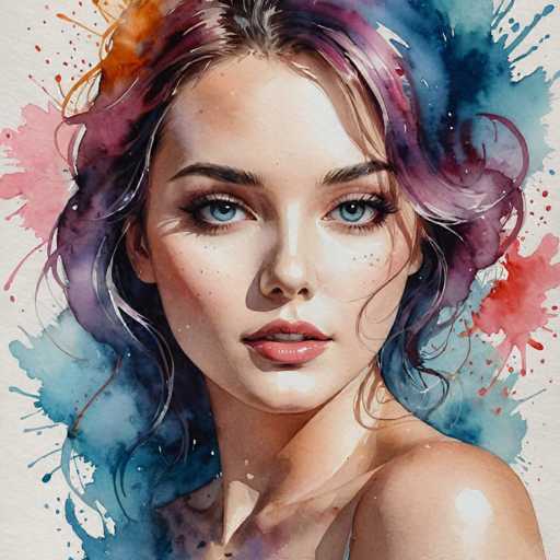 This image is a detailed painting of a young woman, likely in her early 20s, with a fair complexion and striking blue eyes. She has long, wavy hair that transitions from brown at the roots to a mix of purple and blue at the tips, with some orange highlights. Her hair is styled in a way that it frames her face, which is turned slightly to the left, while her body faces forward. She has dark eyebrows, long eyelashes, and a small nose. Her lips are slightly parted, revealing her top teeth, and she has a subtle, almost neutral expression. The background is a blend of blue, pink, and red watercolor splashes, creating a dynamic and vibrant setting that contrasts with her serene appearance. The painting captures her from the top of her head to just below her shoulders, with her bare shoulder visible on the right side of the image.